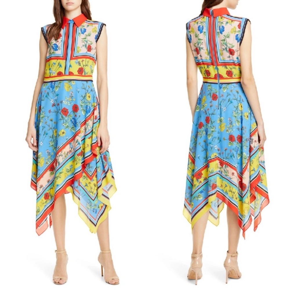 Alice + Olivia Farrah Handkerchief Multicolor Floral Collared Dress Scarf Print